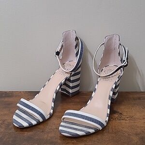 Vince Camuto BEAH Navy Blue & White Fabric Striped Heeled Sandals size 8